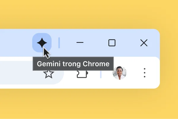 Một biểu tượng Gemini xuất hiện ở đầu thanh trình duyệt Chrome. Người dùng di chuột lên biểu tượng đó. Một chú thích xuất hiện, có nội dung 