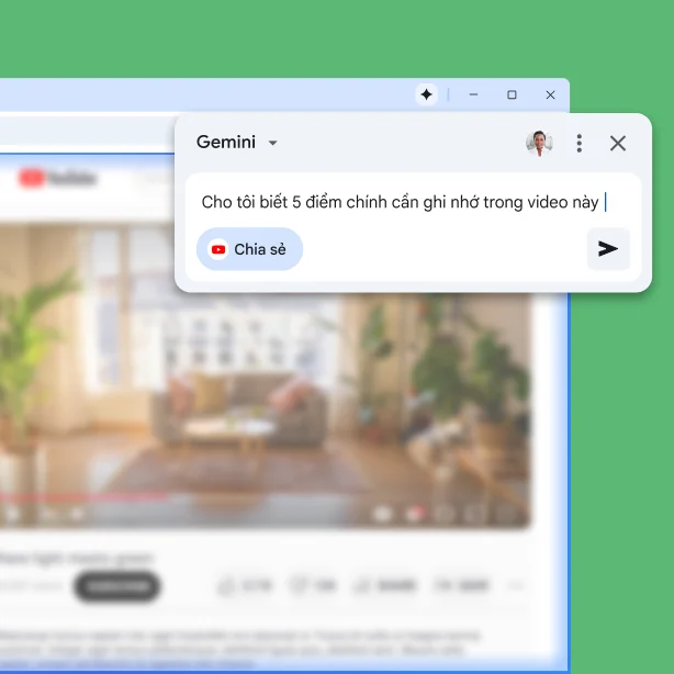 Cửa sổ bật lên Gemini trong Chrome xuất hiện trên một trang YouTube. Người dùng yêu cầu Gemini trong Chrome tóm tắt 5 ý chính trong video.