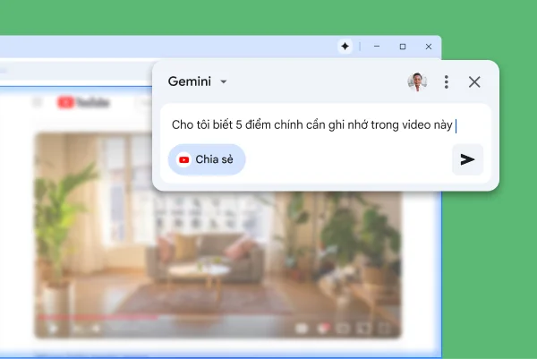 Cửa sổ bật lên Gemini trong Chrome xuất hiện trên một trang YouTube. Người dùng yêu cầu Gemini trong Chrome tóm tắt 5 ý chính trong video.