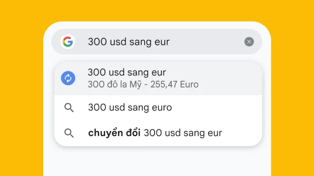 Một người dùng nhập “300 usd to eur” (300 USD sang EUR) vào thanh địa chỉ của Chrome và Chrome lập tức hiển thị kết quả.