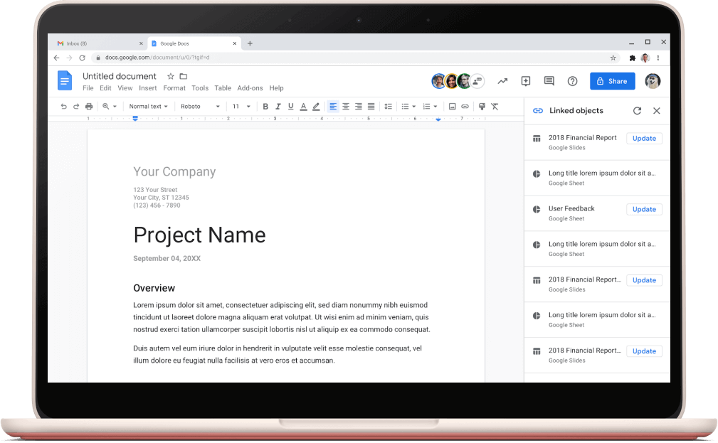 Google Docs-Bildschirm mit geöffneter Projektvorlage.