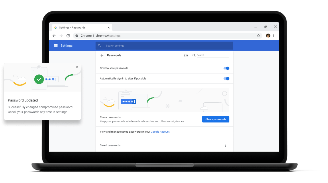 Passwortcheck Pixelbook Go laptop with screen displaying Chrome password check with a passsword update dialog box.