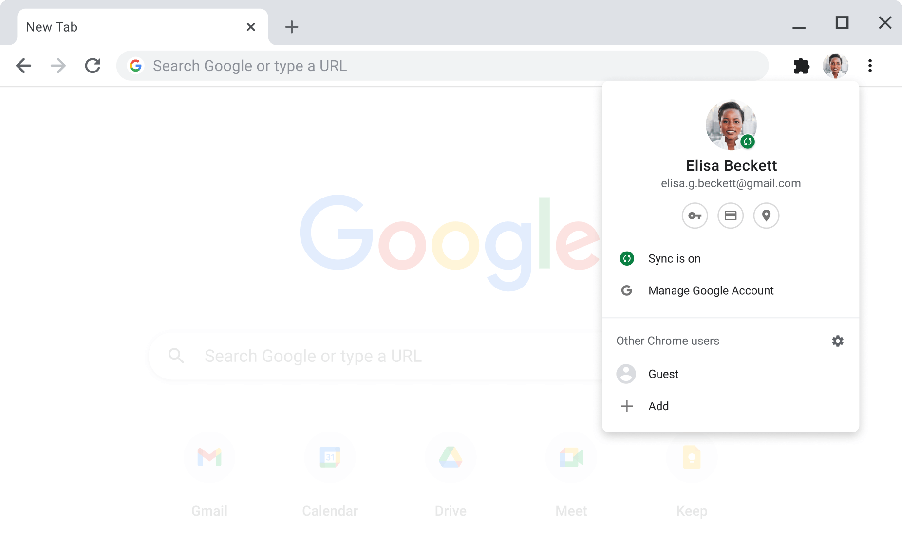 Chrome-Browserfenster mit Konto- und Synchronisierungseinstellungen für Google-Konten und mit aktivierter Synchronisierung.