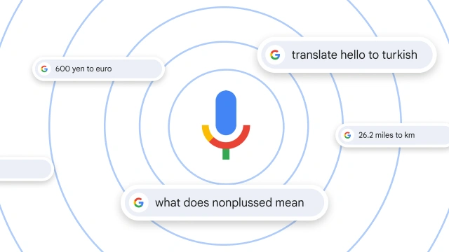 A microphone is surrounded by various voice searches.